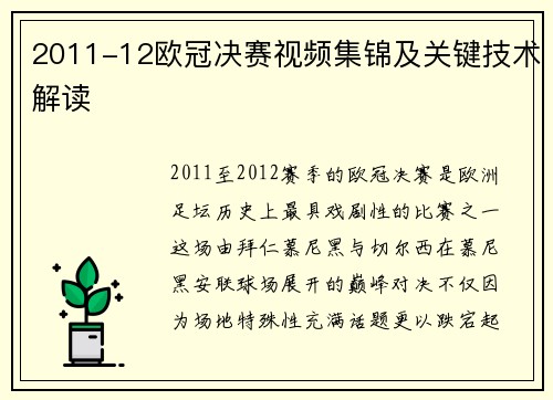 2011-12欧冠决赛视频集锦及关键技术解读